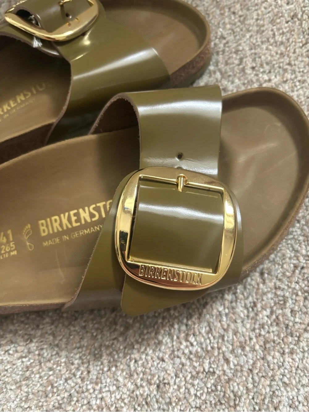 Birkenstock Madrid Big Buckle Slide — Olive with Gold Buckle